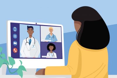 Woman video conferencing at home
