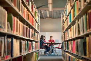 Dissertation Wisdom: Research, Notes, and Themes, Oh My… Presented by Dr. Michelle Whitman - a picture of a students studying together in the library.